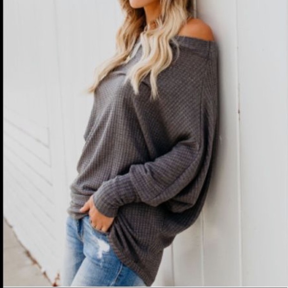 NWT Waffle Thermal Dolman Off The Shoulder Top - Picture 2 of 3